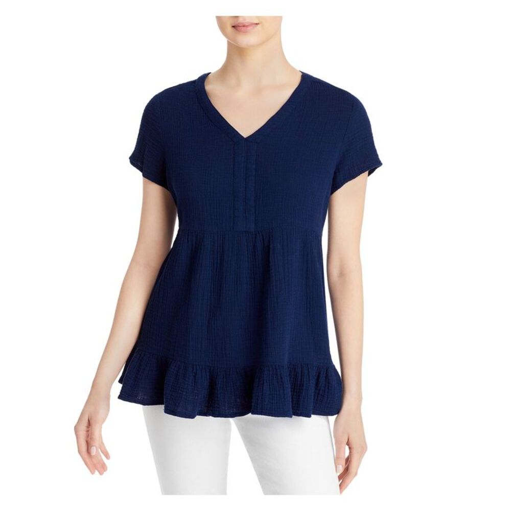 BEACHLUNCHLOUNGE COLLECTION Womens Navy Tiered Short Sleeve V Neck Top XS